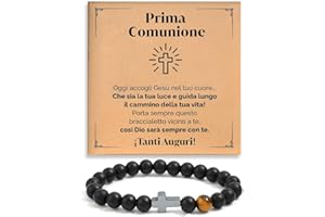 SOFIA FERRER Regali per Prima Comunione Maschio, Bracciale Bambino, Idee Regalo Prima Comunione Bambino, Braccialetto Regolabile di Pietre Naturali e Croce per Ragazzo