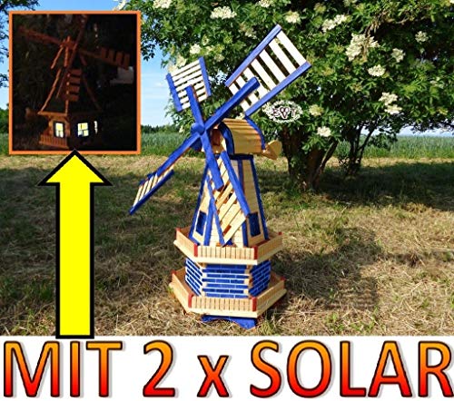 Preisvergleich Produktbild XL windmühle, windmühlen, mit Seitenruder / Windfahne, komplett mit Solar, Solarbeleuchtung DOPPEL-SOLAR LICHT WMH100bl-MS 1 m groß dunkelblau mittelblau hellblau königsblau aquamarin lackiert lasiert NEU