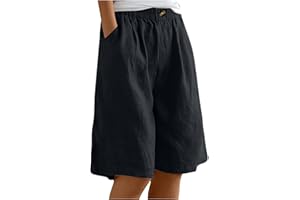 NSICBMNO Short d'été en lin pour femme avec poches - Longueur genou - Bermuda à jambe large - Taille élastique - Short long - Short de plage décontracté - Grande taille