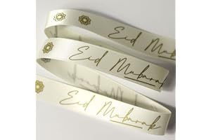 ASHPRINT (LONDON) LIMITED Happy Eid Mubarak Ribbon, Satin Ramadan Ribbon, Happy Eid Gift Wrapping Ribbon, Muslim Party Supplies, DIY Candy Bags Gift Packing Bouquet Wrapping Ribbon, 5 Colours 16mm Width (10m Reel, Ivory)