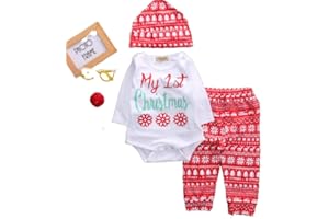 Anigood Baby Boy Girl Newborn First Christmas Clothe Romper Pant Hat Outfit 4Xpieces Set