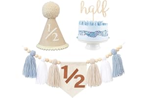 DANDUOLAI 1/2 Half Birthday Highchair Banner Decorations For First Boys Khaki Cone Hat With One Cake Topper Photo Backdrop (Blue 1/2)