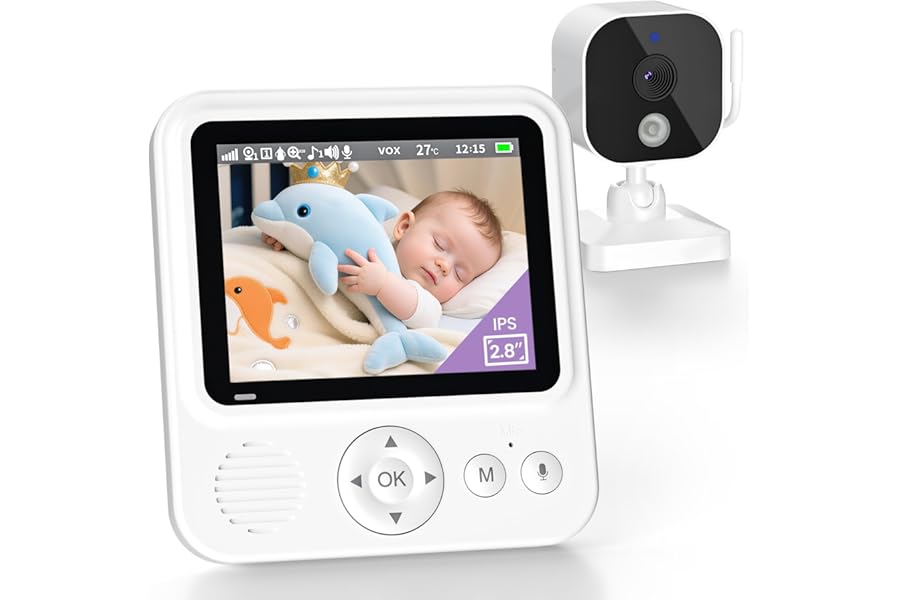 Baby Monitor with Camera and Audio, 2.8" Video Baby Monitor with Night Vision, 2000mAh Battery, VOX Mode, 2-Way Talk, Temperature Sensor, Lullabies, Feeding reminders, No WiFi Security, 300m Range