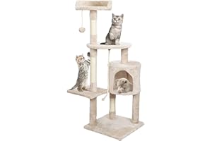 DELIBANG 112cm Arbre à Chat Beige avec Griffoir Arbre à Grimper, Centre d’Activités avec Niche et Plateformes pour Félins Allemagne en Stock