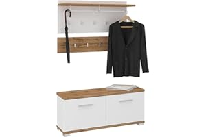 CARO-Möbel Garderobenset BILBAO 3-teilig, Wotan Eiche/Weiß, ideal für Flur und Eingangsbereich, mit 9 Haken, Kleiderstange, Hutablage und Schuhbank
