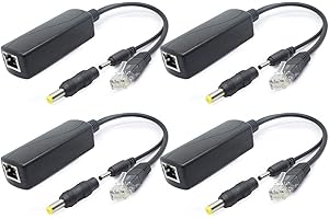 ANVISION Zestaw 4 rozgałęźników Gigabit PoE, adapter 48V do 5V 2,4A, gniazdo 3,5 mm x 1,35 mm, złącze 5,5 mm x 2,1 mm, zgodny z IEEE 802.3af, do kamer IP i innych
