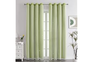Nyescasa Verdunklungs Vorhänge Kinderzimmer Vorhang Doppellagige Gardienen mit Höhlen Sterne mit Voile Ösenschal für Wohnzimmer Schlafzimmer Mädchen Dekoschal 2er Set 183x132cm(H×B) Grün