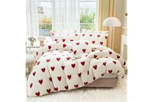 Covebett Flanell Bettwäsche 135x200 Herzen Rot Weiß Winter Biber Plüsch Wende Winterbettwäsche 2teilig, Warme Flauschig Cashmere Touch Bettbezug und 1 Kissenbezug 80x80 mit Reißverschluss