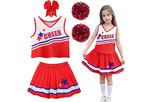PIXUYE Déguisement Pompom Girl Costume Cheerleader Fille avec Pompons et Chaussettes Barrette Nœud Uniforme de Pompom Girl pour Carnaval Halloween Fêtes