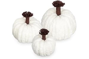 Hollyone 3PCS Large Artifcial Pumpkins Fake Yarn Pumpkins, White Autumn Decorations Assorted Sizes Plush Pumpkins, Faux Velvet Pumpkin Decorations Crochet Pumpkins for Thanksgiving Party Fall Decor