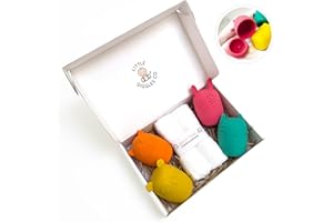 Little Giggles Co. Baby Bath Tub Bundle - Animal Bath Toys & Baby Wash Cloth Gift - Anti Mould Bath Toys - 4x Bath Squirter Toys, 2x Soft Baby Flannels - Easy Squeeze Silicone bath toys - Baby Gift