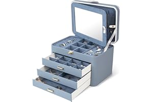 KAMIER 4-warstwowy organizer na biżuterię z zamkiem i lustrem, duża pojemność, do przechowywania biżuterii, na kolczyki, bransoletki, pierścionki, naszyjniki, niebiesko-szare