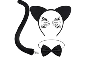 DULUDULU Cat Ears Headband and Tail, Black Halloween Cat Woman Accessories with Bow Tie and Facial Stickers Set Animal Cosplay Fancy Dress Costume Adult Kids Christmas Birthday Party Hairband