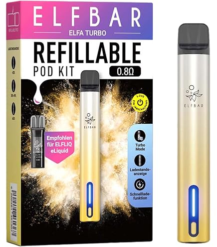 Elfa Turbo Pod Kit – 550 mAh Akku, 0.8 Ω Mesh Coil, Nachfüllbarer Pod , USB-C, MTL, 2 Leistungsmodi – Selbstbefüllbar & Austauschbar – Ohne Nikotin & Liquid, Schwarz Elektronik & Foto