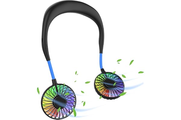 Ultralent Ventilateur de cou, ventilateur USB, silencieux, 3 vitesses, lumière LED, ventilateur portable pour l'extérieur, l'intérieur, le camping, les voyages, le sport noir et bleu