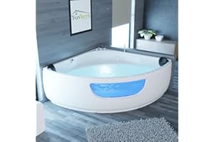 Tronitechnik® Eckbadewanne mit Whirlpool 150x150cm mit Sitz Acrylwanne für zwei Personen, Eck-Badewanne mit Armatur, freistehend und vormontiert Indoor Whirlpoolbadewanne mit LED