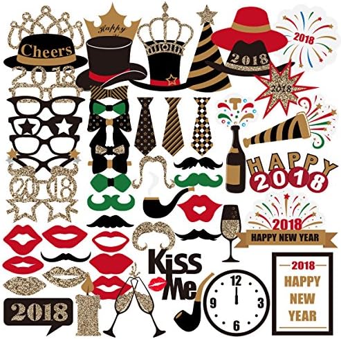 PBPBOX 59pcs 2018 New Years Photo Booth Props, Glasses Moustache Red Lips Bow Ties On Sticks for New Year Party