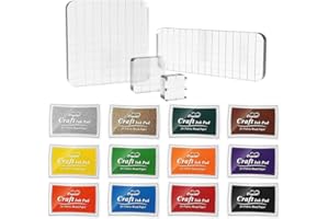 FOLANVOFF Stempelkissen und Stempelblock Set 12 Farben Stempelfarbe und 4 Stück Acryllblock mit Gitterlinien für Silikonstempel Clear Stamp DIY Bullet Journal Scrapbooking Fotoalbum Stempelkissen Fingerabdrücke