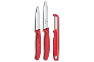 Victorinox Swiss Classic Set de couteaux à légumes avec éplucheur, couteau à éplucher et couteau à tomates, 3 pièces, Lame extra tranchante, Rouge