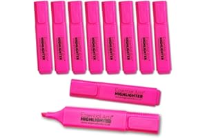 Essential Arts Square Pink Highlighter Pen Pack of 10 | Chisel Tip Fluorescent Highlight Marker Pens for Office, School Art and Business