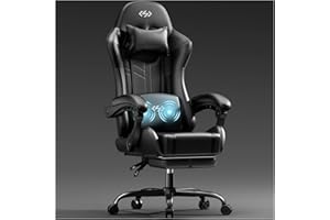 HLFURNIEU Silla Gaming con Masajeador, Silla Gamer Ergonómica con Cojín Lumbar Masajeador y Reposapiés, Sillón Gamer Altura Ajustable, Cadeira Gaming Negro