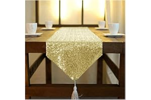 Shinybeauty Silver Sequin Table Runner Tassel 12 x 72 cm, Sequin Fabric Table Runner with Tassel for Party Wedding Banquet Table Linen Layout or Decor, Light Gold, 12 x 72 inches