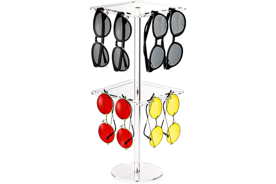 Nicunom 360° Rotating Acrylic Sunglasses & Eyeglasses Display Rack, 2 Tier Clear Sunglasses Holder Stand Tabletop Eyeglasses Organizer Eyewear Storage