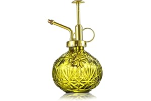 KoGiio Pflanzen Glas Sprühflasche, 240ml Retro Relief Pflanzensprüher mit Pumpe, Blumen Zerstäuber Drucksprüher für Balkon Kleiner Gartenpflanzen Indoor Haus Oder Büro Gelb Grün + Goldener Sprühkopf