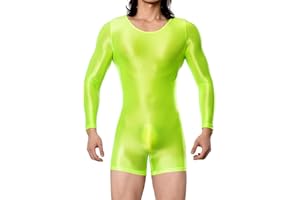 AIEOE Men's Oil Shiny Bodysuit Long Sleeve Bodysuit Super Stretch Bodycon Undershirt Pajamas Leotard