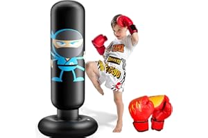 Sac de Frappe Enfant avec Gants de Boxe 165cm Ninja Gonflable Sac de Boxe pour Enfants 3-12 Ans Matériau épais Kit de Boxe pour Jeux Actifs et Réduction du Stress Cadeau pour Garçons et Filles