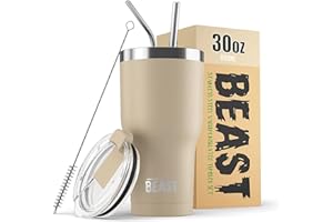GREENS STEEL BEAST Mug Isotherme Cafe - 900ml I Sable I Acier Inoxydable I Réutilisable, Tasses Isothermes I 2 Pailles et Brosse Nettoyage I Thermos Cafés de Voyage Double Paroi I Café Chaud ou Glacé
