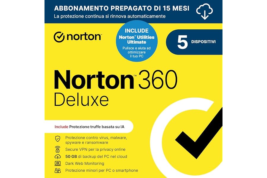 Norton 360 Deluxe 2025 + Utilities Ultimate | Antivirus 5 dispositivi | 50 GB backup | 15 mesi rinnovo automatico | 1 Utente