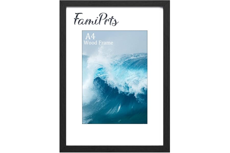 FamiPrts A4 Frame, Wooden A4 Picture Frames, Versatile Black A4 Frame, Dual Orientation (Landscape/Portrait), Includes Stand & Wall Hooks - Wall Mount or Tabletop for Home, Office, Gallery