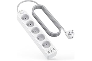 LENCENT Bloc Multiprise 3 Ports USB Chargeur et 5 Prises 16A 4000w avec Interrupteur, Tressé Câble 2 m, Multiprise Electrique pour la Maison Le Bureau ou la Cuisine, Blanche