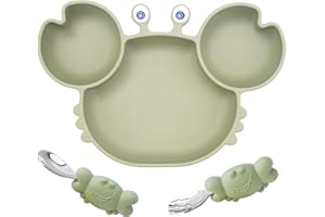 LINOWOS Assiette à ventouse en silicone pour tout-petits avec fourchette et cuillère