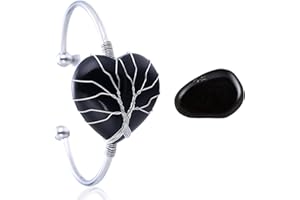 Halukakah Kristalle Steine Frauen Halskette Natürlicher Mondstein/Rosaquarz/Amethystquarz/Obsidian/Jade Platinierter Messingdraht Handgemacht Wicklung Lebensbaum Mond/Herz Anhänger 30×40mm Kette 50cm