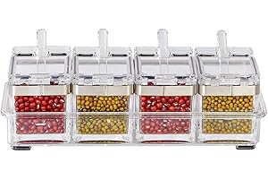 LOYUYU Luyy - Contenitore per condimenti, in Acrilico Trasparente, con Coperchio e Cucchiaio e Bordo in Acciaio Inox