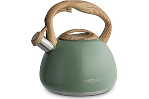 POLIVIAR 7379 Poliviar Wasserkessel Induktion, Edelstahl Pfeifkessel, Teekessel für alle Kochplatten, Flötenkessel mit Holzmasergriff, Wasserkocher für Tee & Kaffee, max. 2.7L, Wildes grün