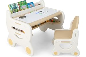 COSTWAY Zestaw krzeseł i stołów dziecięcych, regał na książki i pisakami, miejsce do przechowywania, stół malarski od 3 lat