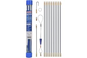 Kit di aste di accesso cavi Faithfull e accessori - 3,3 metri, 4 mm Ø - Kit di trazione da 15 pezzi con 10 aste in fibra di vetro da 330 mm, sonda di trazione e tubo di stoccaggio