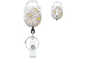 Uniclife Floral Retractable Badge Reel for Badge Holder White Flower Heavy Duty Retractable Keychain Strong ABS Casing with Stainless Steel Spring Coil 61 cm Nylon Rope Carabiner Clip and Key Ring