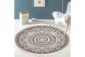 DUORIES Alfombra Vintage Bohemia de algodón con Estampado de Mandala,Lavable,Tejida a Mano,Bohemia,Redonda,con borlas,para Dormitorio,Pasillo,salón,Mesa de café,Felpudo,Lavable a máquina,80 cm,Flores #19