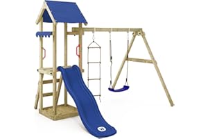 Gioco da giardino WICKEY TinyCabin con altalena e scivolo blu, struttura da esterno per bambini con sabbiera, scaletta e accessori da gioco