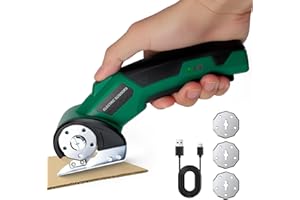 LONGZHUO Elektrische Schere Kabelloser Schneider mit 3 Schneidklingen mit Sicherheitssperre – Leistungsstarke Akkuschere für Stoff, Teppich, Leder, Filz – Wiederaufladbar inkl. IPX4 Wassergeschutz