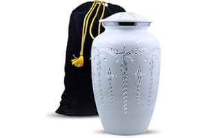 HIND HANDICRAFTS Aluminium Cremation Urn for Human Ashes Adult | Handcrafted Funeral Memorial Ashes Casket | Durable Ash Storage with Velvet Bag – Affordable Tribute (6.5" x 6.5" x 10.5" - 200lbs or 91kg, Matte White)