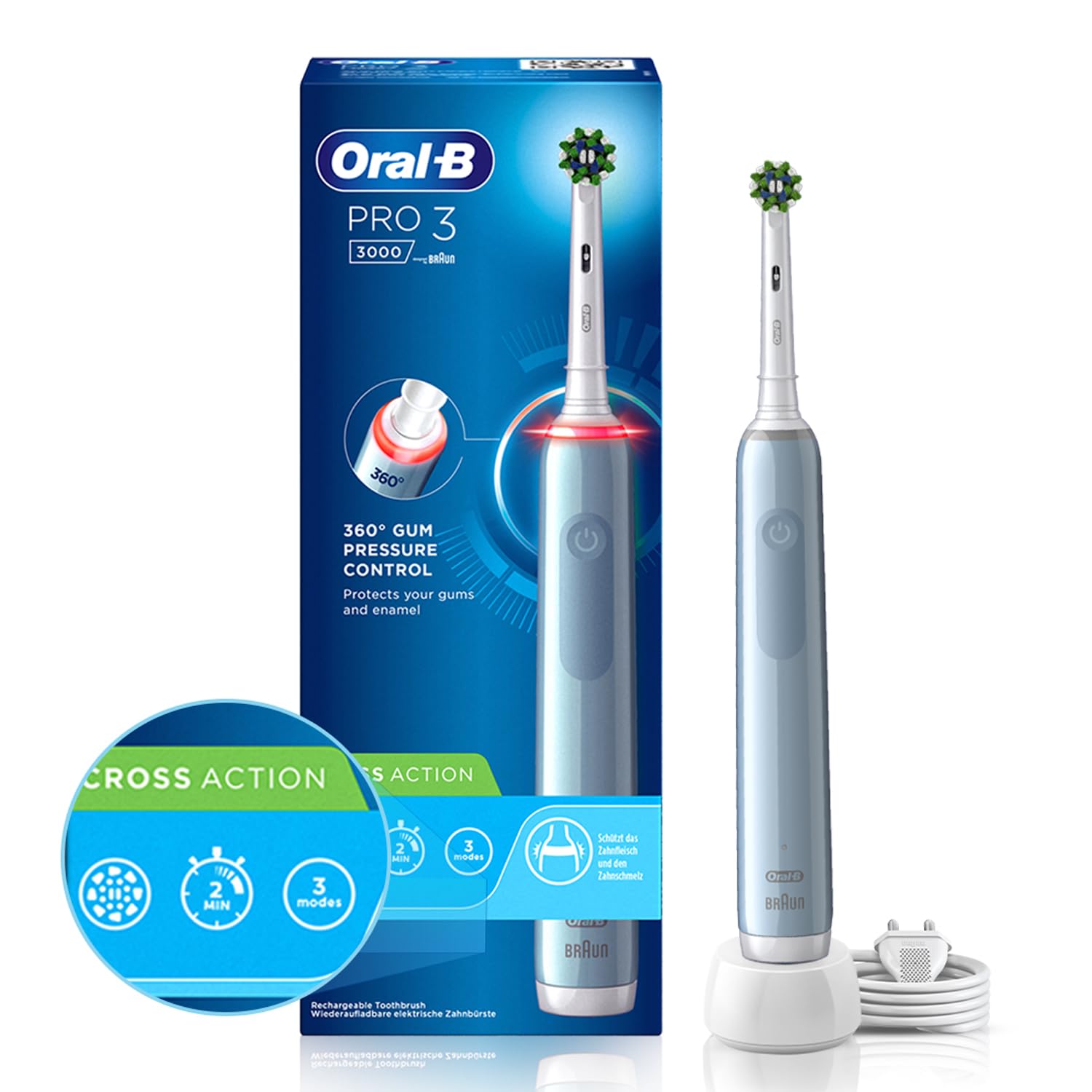 Oral B Pro 3 Rechargeable Rotating Electric Toothbrush for Adults, 3 Cleaning Modes with Pressure Sensor, 3D Brushing Action,