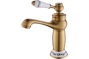 ROVOGO Antique Brass Vintage Retro Small Basin Mixer Tap for Bathroom with Ceramic Lever, Monobloc Bathroom Sink Mixer Tap, Brass Construction, Mono Cloakroom Classic Countertop Basin Faucet