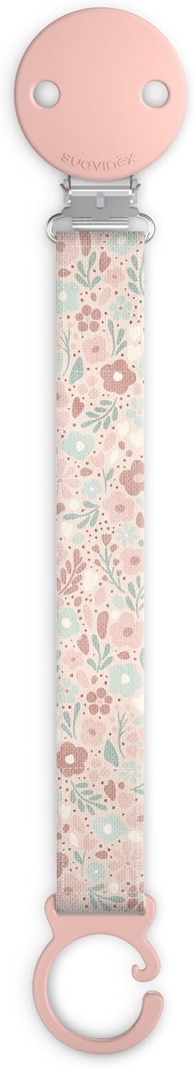 Suavinex, Chupetero de Tela para Bebés, Cinta con Diseño a Doble Cara, Cadena Chupete Bebé, Sujeta - Clip con Pinza, para Chupetes con Anilla. +0 Meses, Apto Recién Nacido, Wonder Flores Rosa