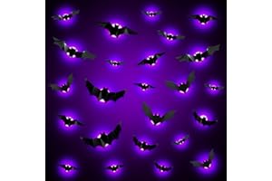 BUOAZR Halloween Dekoracja 24 sztuki 3D LED Bat Light przerażająca - Lekka fioletowa, świetne naklejki na ścianę nietoperza do okien, ściany, drzwi, dekoracji imprezowych akcesoria