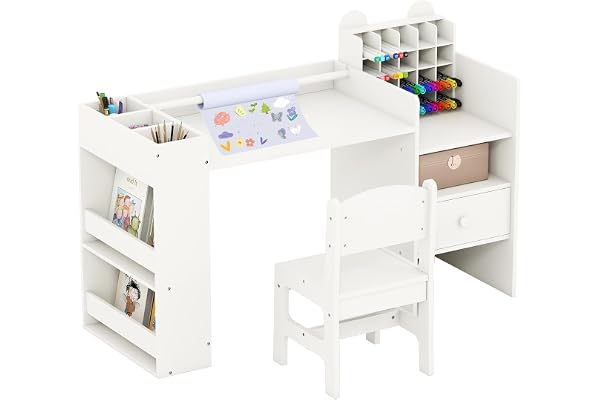 GOPLUS Barnskrivbord med stol, skrivbord med avtagbar pappershållare, låda, hyllor & cubby-skåp, barnstolsgrupp för att läsa, hantverka & rita, aktivitetsbord för barn